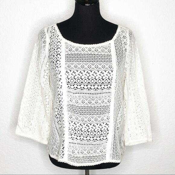 Joie cream off white lace eyelet crochet open knit top size Medium - Picture 1 of 14